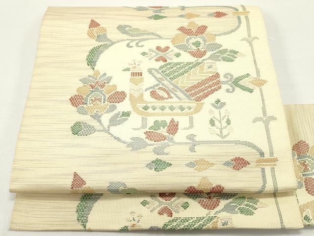 平和屋着物●八寸名古屋帯　紬地　草泥帯　鳳凰更紗花唐草間道　正絹　逸品　DAAY0074ob