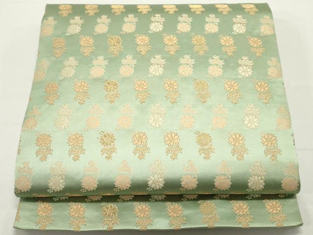 平和屋着物●九寸開き名古屋帯　草花文　薄萌葱色　金糸　正絹　逸品　DAAY0076ob