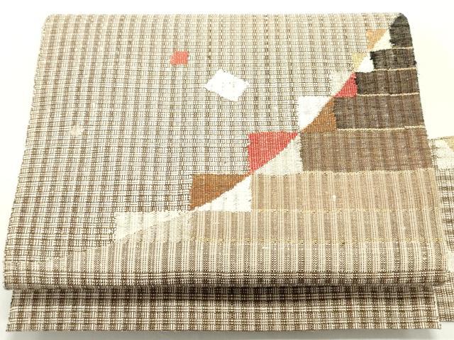 平和屋着物●八寸名古屋帯　紬地　すくい織　幾何学文様　金糸　正絹　逸品　DAAY0078ob