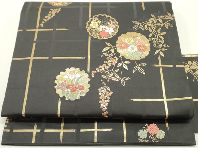 平和屋着物●九寸名古屋帯　唐織　葡萄雪輪草花文　黒地　金糸　正絹　逸品　DAAY0086ob