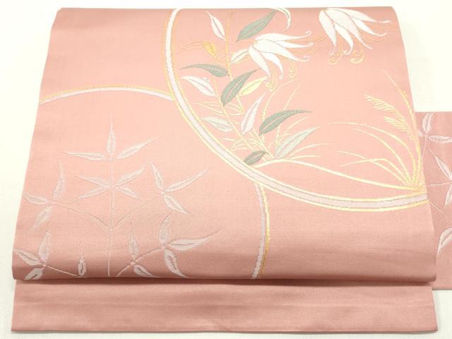 平和屋着物●九寸名古屋帯　舞蝶草花丸文　退紅色　金糸　正絹　逸品　DAAY0088ob