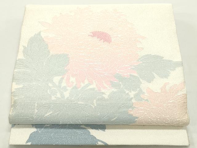 平和屋着物●爪掻き本綴れ　太鼓柄袋帯　刺繍　草花文　生成り色　銀糸　正絹　逸品　DAAY0116ob