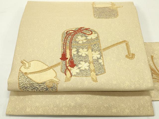 平和屋着物●西陣　東宮織物謹製　九寸名古屋帯　凪織　貝桶花唐草陶器文　金糸　鬼しぼ縮緬　正絹　逸品　DAAY0134ob