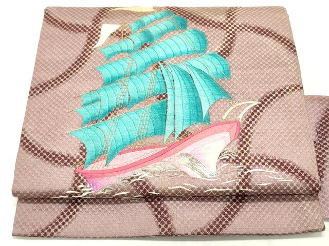 平和屋着物●アンティーク　大正ロマン　九寸名古屋帯　総手刺繍　立波帆船文　銀糸　正絹　逸品　DAAY0140ob