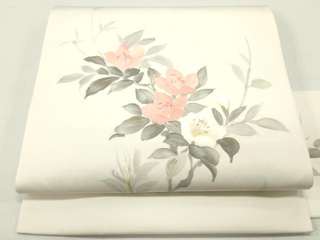 平和屋着物●塩瀬　九寸名古屋帯　作家者　手描き　草花文　生成り色　金彩　正絹　逸品　DAAY0151ob