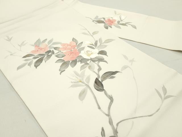 平和屋着物○塩瀬 九寸名古屋帯 作家者 手描き 草花文 生成り
