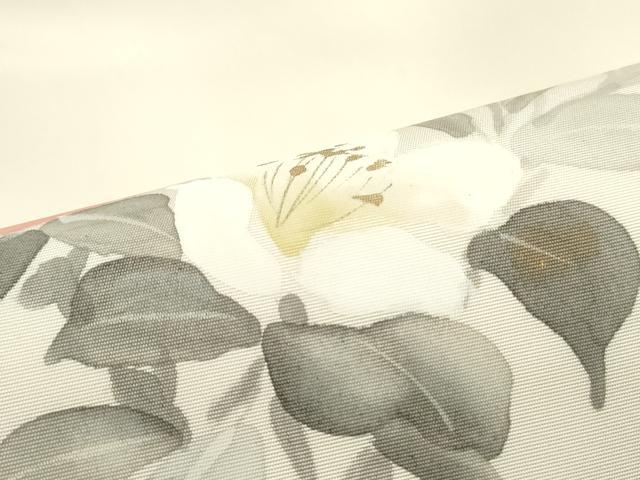 平和屋着物○塩瀬 九寸名古屋帯 作家者 手描き 草花文 生成り