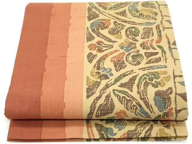 平和屋着物●全通柄袋帯　紬地　型染め　更紗花丸間道　やまと誂製　正絹　逸品　未使用　DAAY0162ob