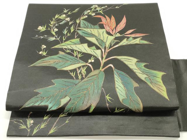 平和屋着物●アンティーク　大正ロマン　九寸名古屋帯　手描き　草花文　黒地　正絹　逸品　DAAY0171ob