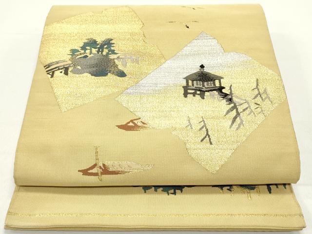平和屋着物●爪掻き本綴れ　太鼓柄袋帯　色紙重ね風景鳥文　芥子色　金銀糸　正絹　逸品　DAAY0175ob