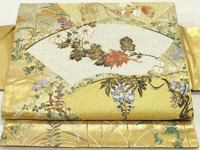 平和屋着物●つけ帯　唐織　遊扇草花文　金銀糸　引箔　正絹　逸品　DAAY0214ob