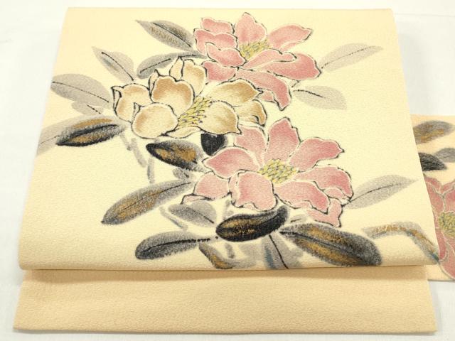 平和屋着物●京友禅作家　山科春宣　九寸名古屋帯　手描き　草花文　伽羅色　金彩　正絹　逸品　DAAY0220ob