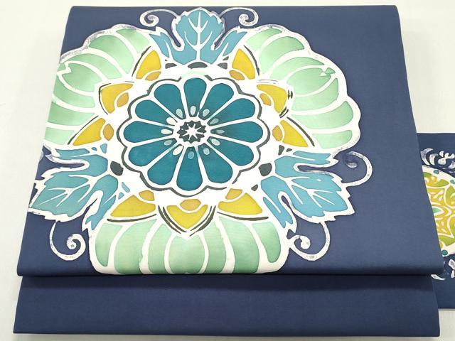 平和屋着物●塩瀬　九寸名古屋帯　ろうけつ染め　花唐草文　青藍色　正絹　逸品　DAAY0228ob