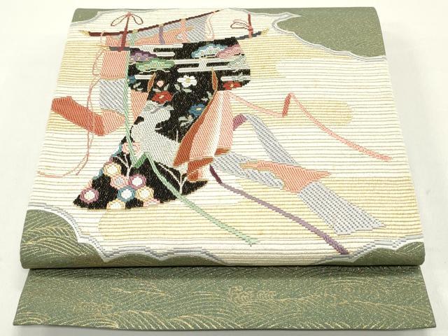 平和屋着物●綴れ　太鼓柄袋帯　総刺繍　道長誰が袖花松文　金糸　正絹　逸品　DAAY0230ob