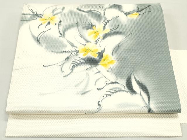 平和屋着物●染色作家　斉藤三才　九寸名古屋帯　手描き　草花文　生成り色　正絹　逸品　DAAY0231ob