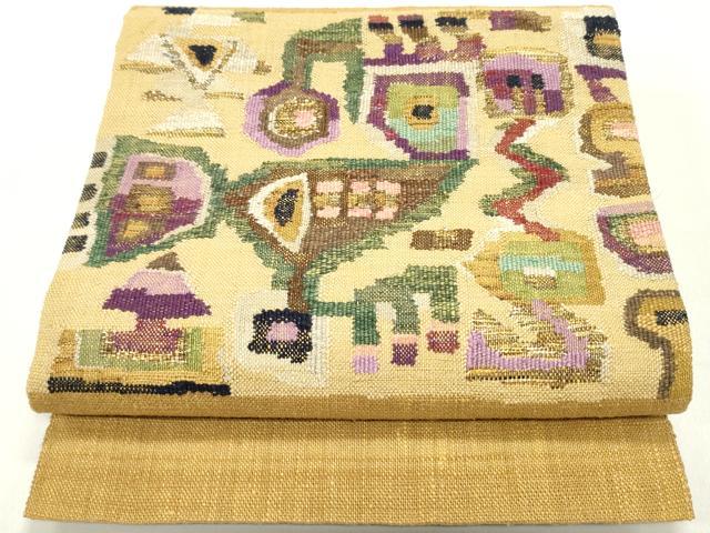 平和屋着物●八寸名古屋帯　紬地　すくい織　抽象文様　狐色　金銀糸　正絹　逸品　DAAY0235ob