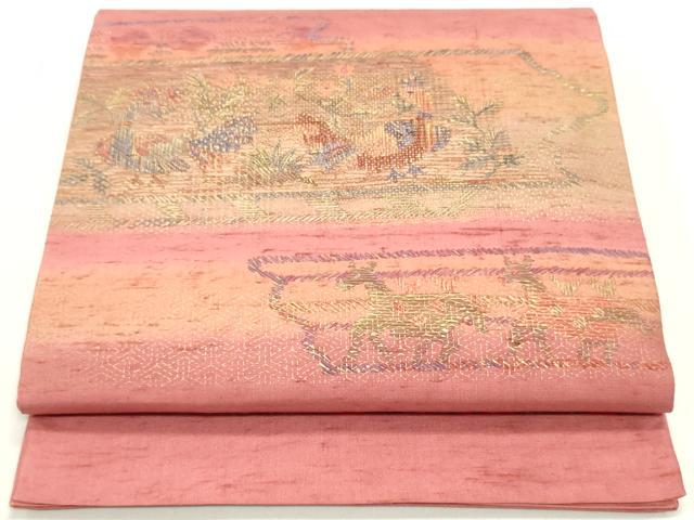 平和屋着物●太鼓柄袋帯　紬地　横段鳥獣草花文　金彩　正絹　逸品　未使用　DAAY0251ob