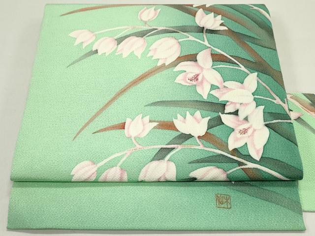 平和屋着物●九寸名古屋帯　作家物　手描き　草花文　金彩　鬼しぼ縮緬　正絹　逸品　DAAY0254ob