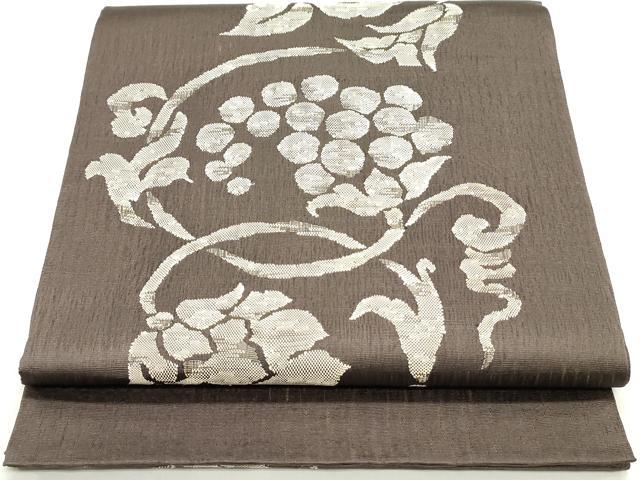 平和屋着物▽太鼓柄袋帯　スリーシーズン　春夏秋　櫛織　紬地　葡萄更紗花唐草文　赤墨色　正絹　逸品　未使用　DAAY0260ob