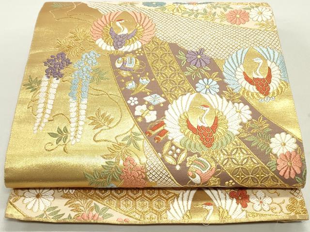 平和屋着物●六通柄袋帯　唐織　七宝群れ鶴文　枝垂れ藤　金糸　正絹　逸品　未使用　DAAY0270ob