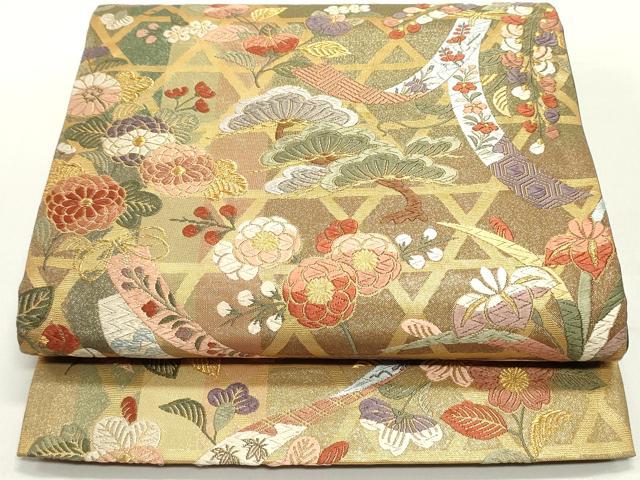 平和屋着物●両面　六通柄袋帯　唐織　籬短冊更紗花松文　金糸　正絹　逸品　DAAY0273ob