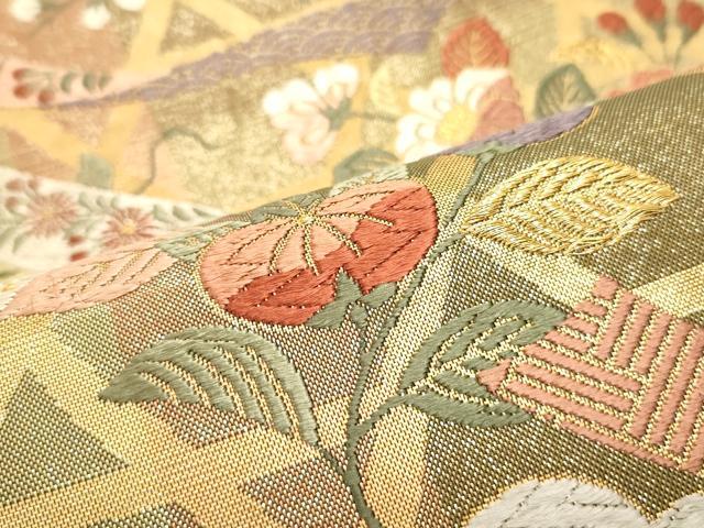 平和屋着物●両面　六通柄袋帯　唐織　籬短冊更紗花松文　金糸　正絹　逸品　DAAY0273ob 平和屋着物○両面 六通柄袋帯 唐織 籬短冊更紗花松文 金糸