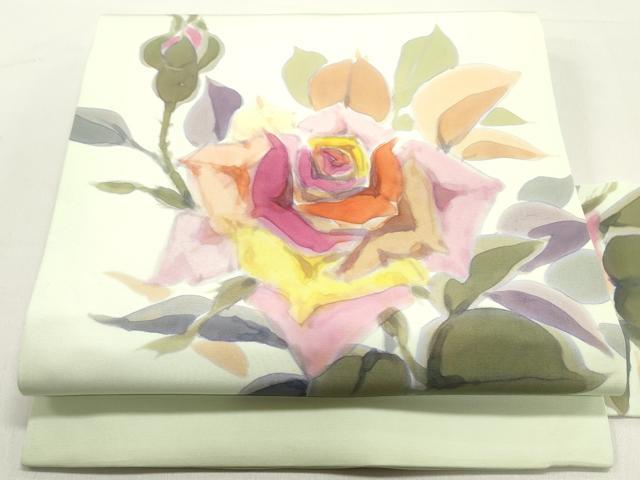 平和屋着物●塩瀬　九寸名古屋帯　作家物　手描き　薔薇　バラ　日緑色　正絹　逸品　DAAY0279ob