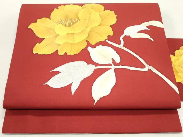 平和屋着物●塩瀬　九寸名古屋帯　手描き　草花文　朱・緋色　金銀彩　正絹　逸品　DAAY0280ob