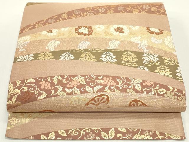 平和屋着物●六通柄袋帯　南天花唐草横段文　金糸　正絹　逸品　DAAY0281ob