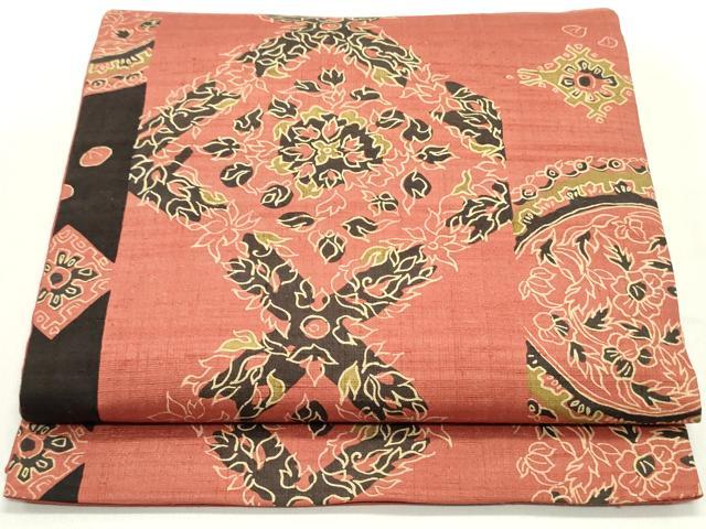 平和屋着物●全通柄袋帯　紬地　型染　花唐草菱間道　正絹　逸品　DAAY0284ob
