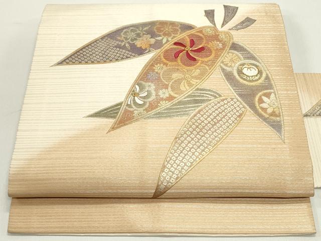 平和屋着物●九寸名古屋帯　刺繍　笹取り花唐草文　金彩　正絹　逸品　DAAY0295ob