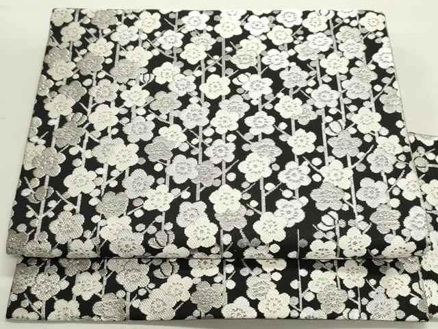 平和屋着物●九寸名古屋帯　唐織　枝梅文　黒地　銀糸　正絹　逸品　DAAY0301ob