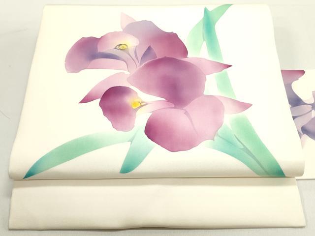 平和屋着物●塩瀬　九寸名古屋帯　作家物　手描き　ろうけつ染め　草花文　生成り色　正絹　逸品　DAAY0306ob