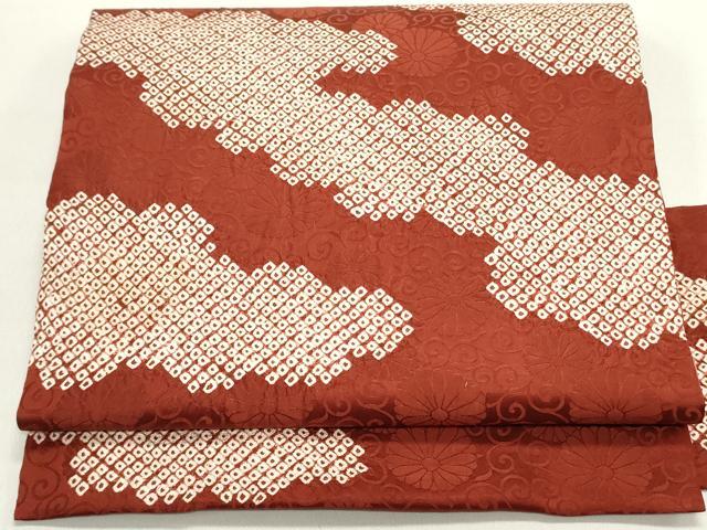 平和屋着物●九寸名古屋帯　絞り　雲取り菊唐草文　紅海老茶色　正絹　逸品　DAAY0314ob