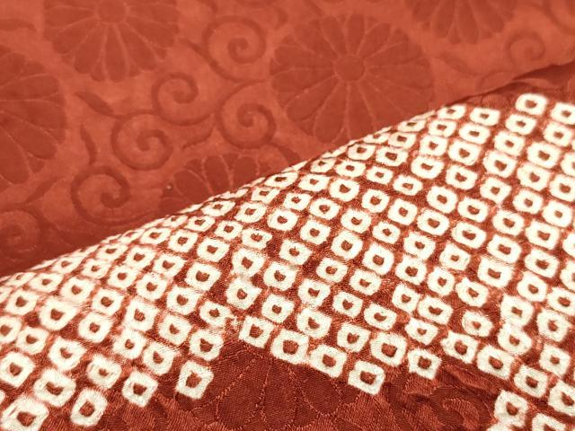 平和屋着物○九寸名古屋帯 絞り 雲取り菊唐草文 紅海老