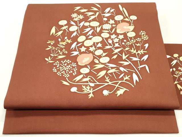 平和屋着物●塩瀬　九寸名古屋帯　駒刺繍　草花文　金彩　正絹　逸品　DAAY0350ob