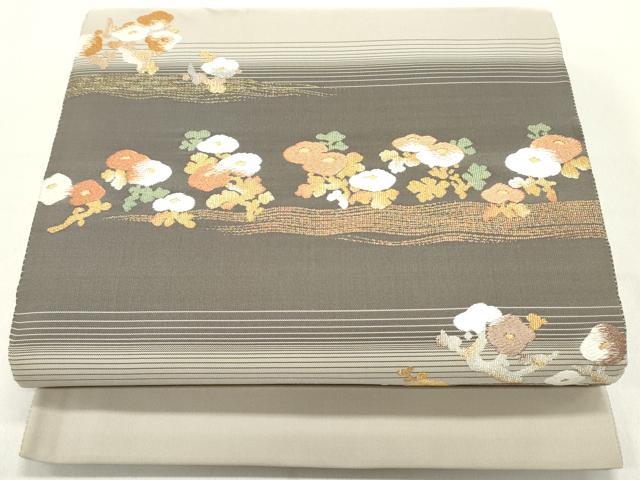 平和屋着物●田中工芸織物 祥園謹製　克絲綴　太鼓柄袋帯　枝梅菊文　金糸　正絹　逸品　DAAY0353ob