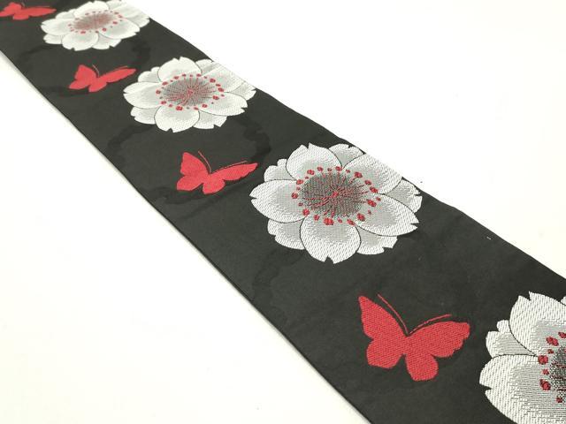 平和屋着物○両面 半幅帯 雪輪舞蝶桜文 黒地 正絹 逸品 DAAY0356ob