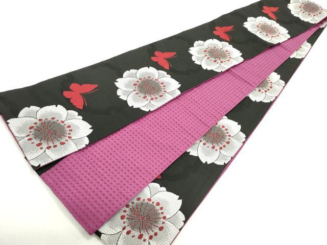 平和屋着物●両面　半幅帯　雪輪舞蝶桜文　黒地　正絹　逸品　DAAY0356ob 平和屋着物○両面 半幅帯 雪輪舞蝶桜文 黒地 正絹 逸品 DAAY0356ob