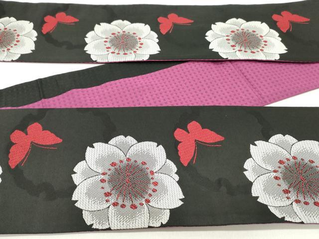 平和屋着物●両面　半幅帯　雪輪舞蝶桜文　黒地　正絹　逸品　DAAY0356ob 平和屋着物○両面 半幅帯 雪輪舞蝶桜文 黒地 正絹 逸品 DAAY0356ob