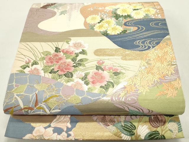 平和屋着物●六通柄袋帯　唐織　切嵌　流水草花文　金糸　正絹　逸品　DAAY0361ob
