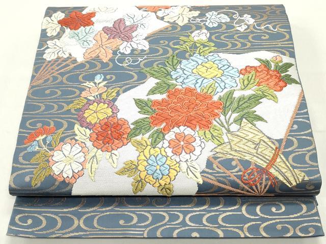 平和屋着物●六通柄袋帯　唐織　流水檜扇草花文　金糸　正絹　逸品　DAAY0362ob