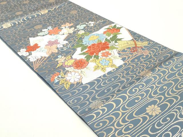 平和屋着物○六通柄袋帯 唐織 流水檜扇草花文 金糸 正絹