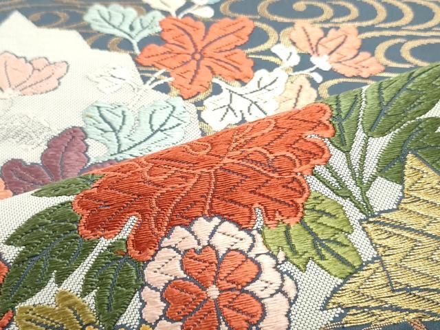 平和屋着物●六通柄袋帯　唐織　流水檜扇草花文　金糸　正絹　逸品　DAAY0362ob 平和屋着物○六通柄袋帯 唐織 流水檜扇草花文 金糸 正絹