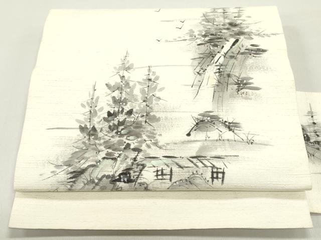 平和屋着物●塩瀬　九寸名古屋帯　作家物　手描き　紬地　風景鳥文　象牙色　正絹　逸品　DAAY0373ob