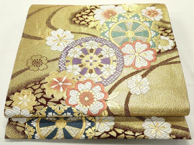 平和屋着物●六通柄袋帯　唐織　源氏車流水舞桜文　金糸　正絹　逸品　DAAY0388ob