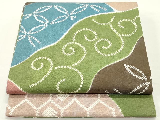 平和屋着物●九寸開き名古屋帯　絞り　切嵌唐草亀甲文　正絹　逸品　DAAY0390ob