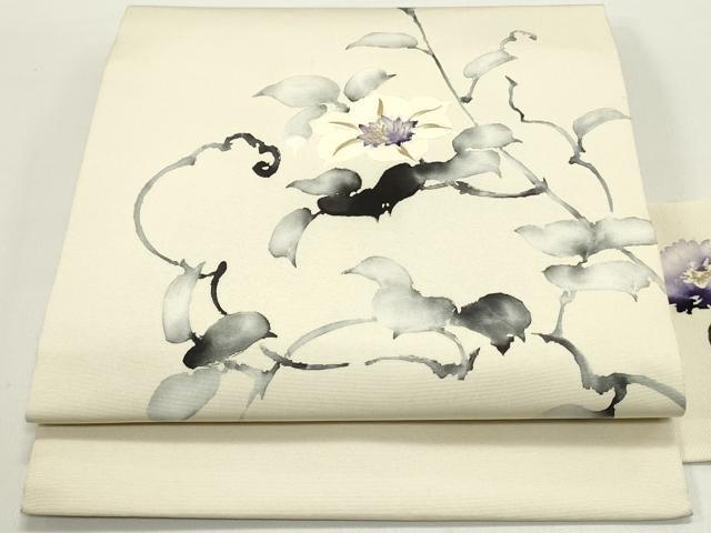 平和屋着物●塩瀬　九寸名古屋帯　手描き　草花文　正絹　逸品　DAAY0420ob