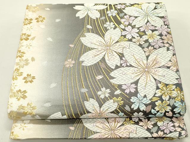 平和屋着物●両面　六通柄袋帯　流水舞桜文　金糸　正絹　逸品　未使用　DAAY0428ob