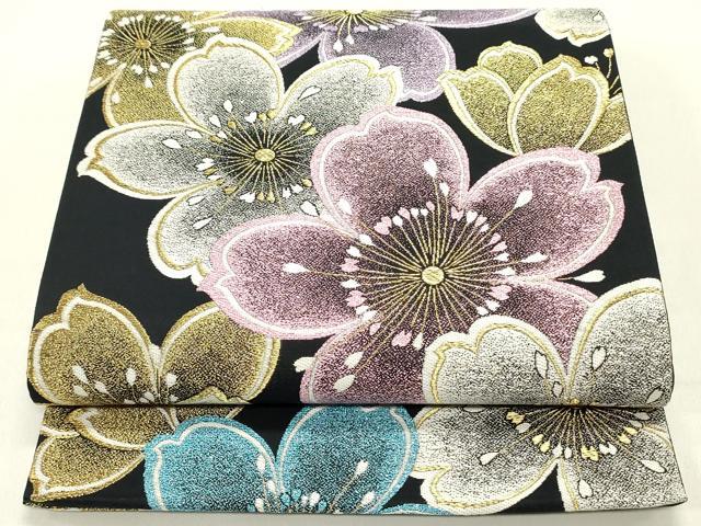 平和屋着物●六通柄袋帯　舞桜文　黒地　金糸　正絹　逸品　DAAY0433ob